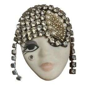 Vintage Porcelain Rhinestone Flapper Girl Face Brooch